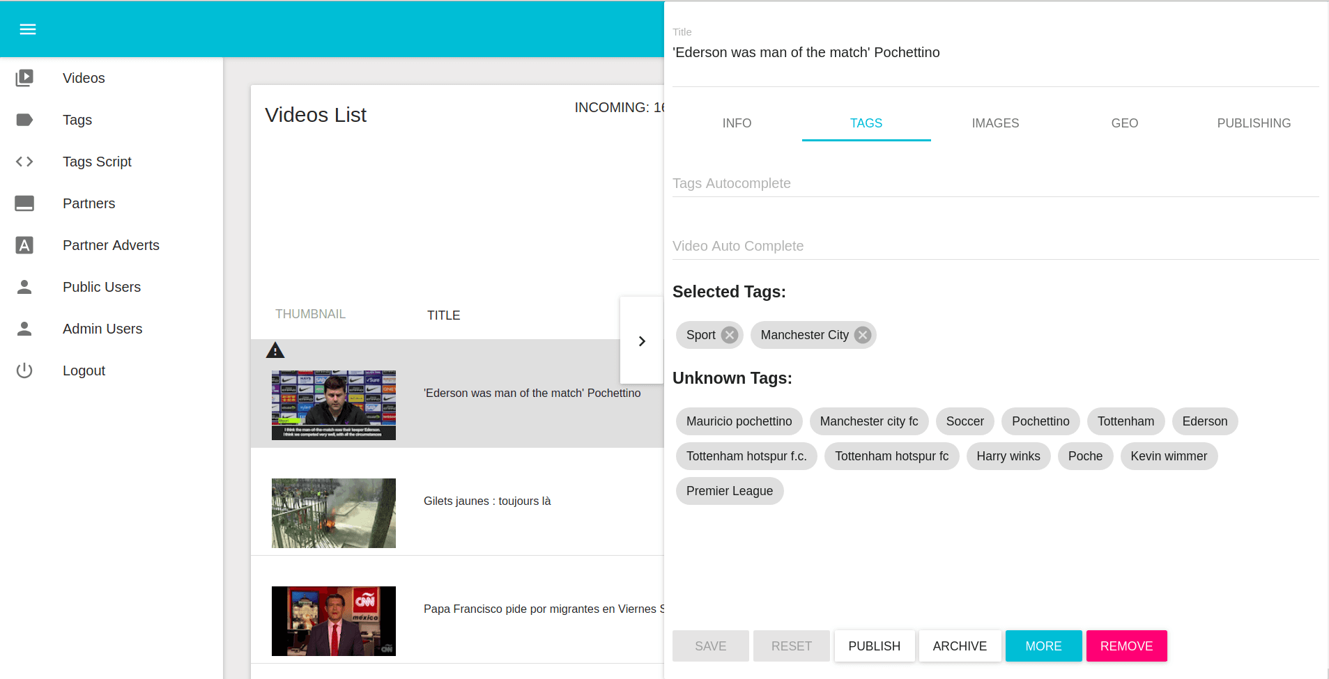 Admin Videos Ingest Grid with Selected Video